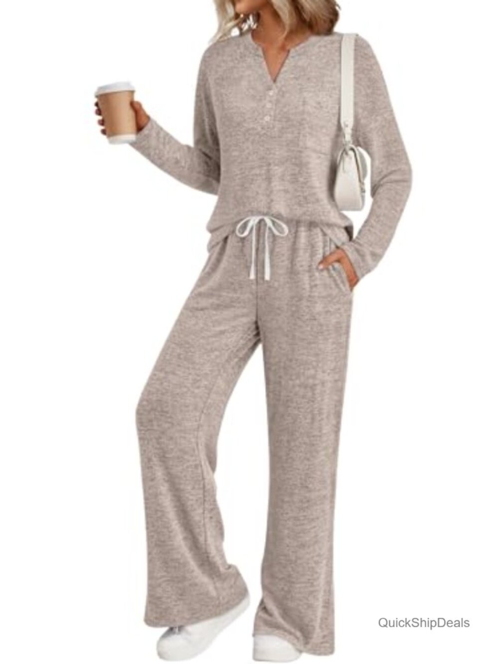 Women's 2-Piece Lounge Set Henley Sweatsuit Brushed Fleece Travel Outfit